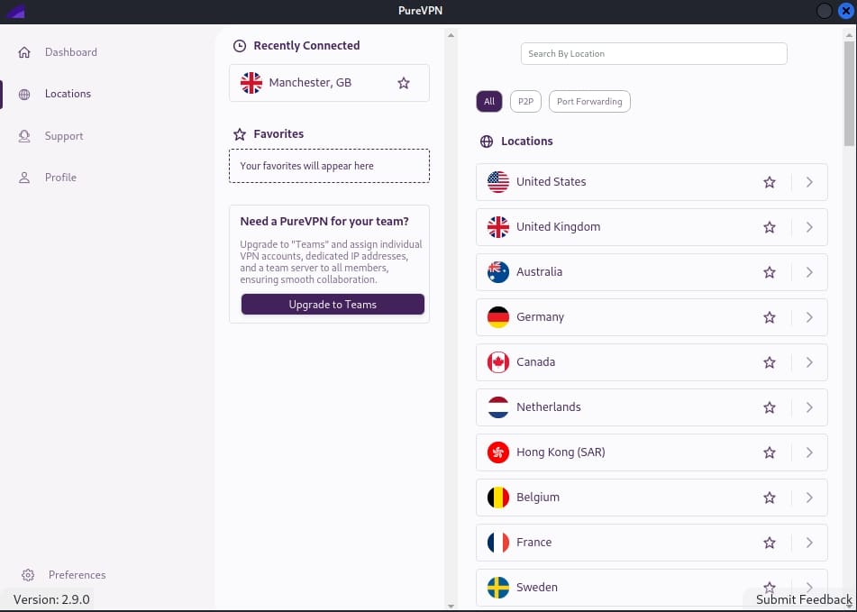 PureVPN's location list.