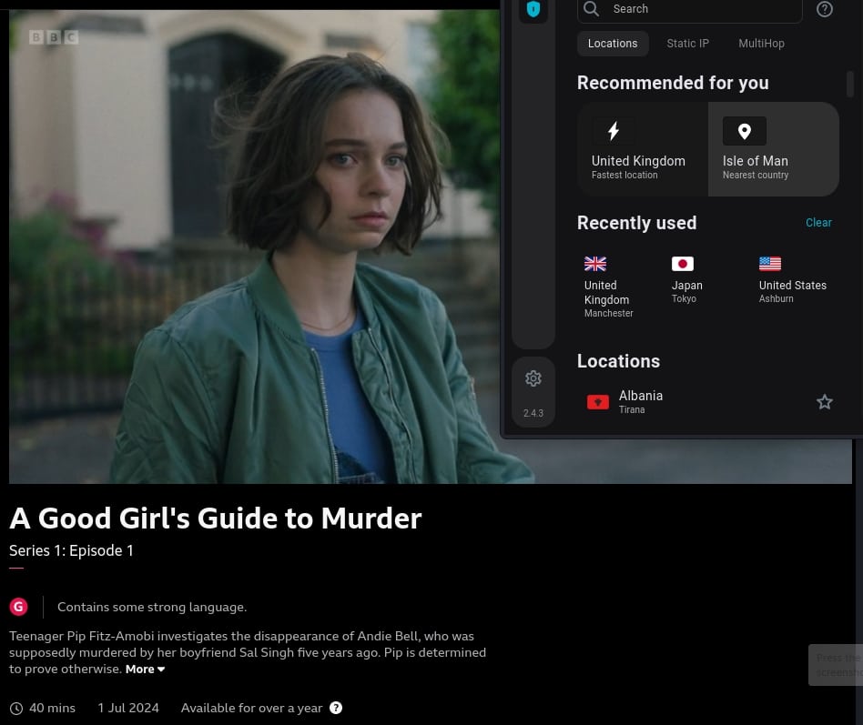 Streaming BBCiPlayer with Surfshark.