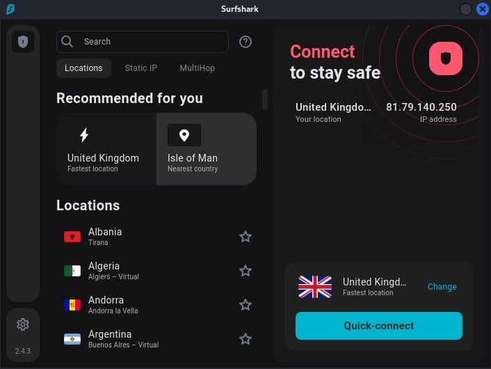 The Surfshark dashboard.