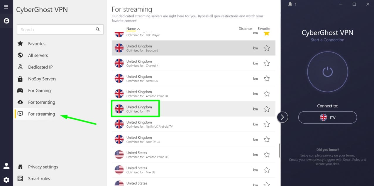Schermafbeelding van de Britse streamingservers van CyberGhost