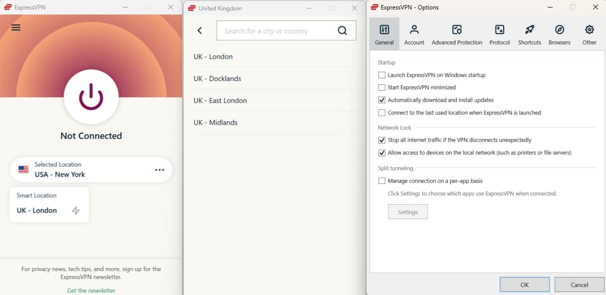 Screenshot van de Windows-app van ExpressVPN met de Britse serverlocaties