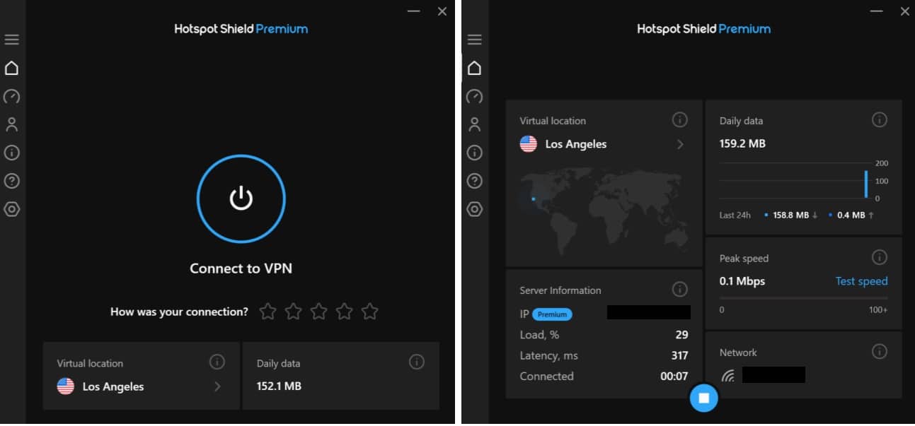 Screenshot of Hotspot Shield's Windows app