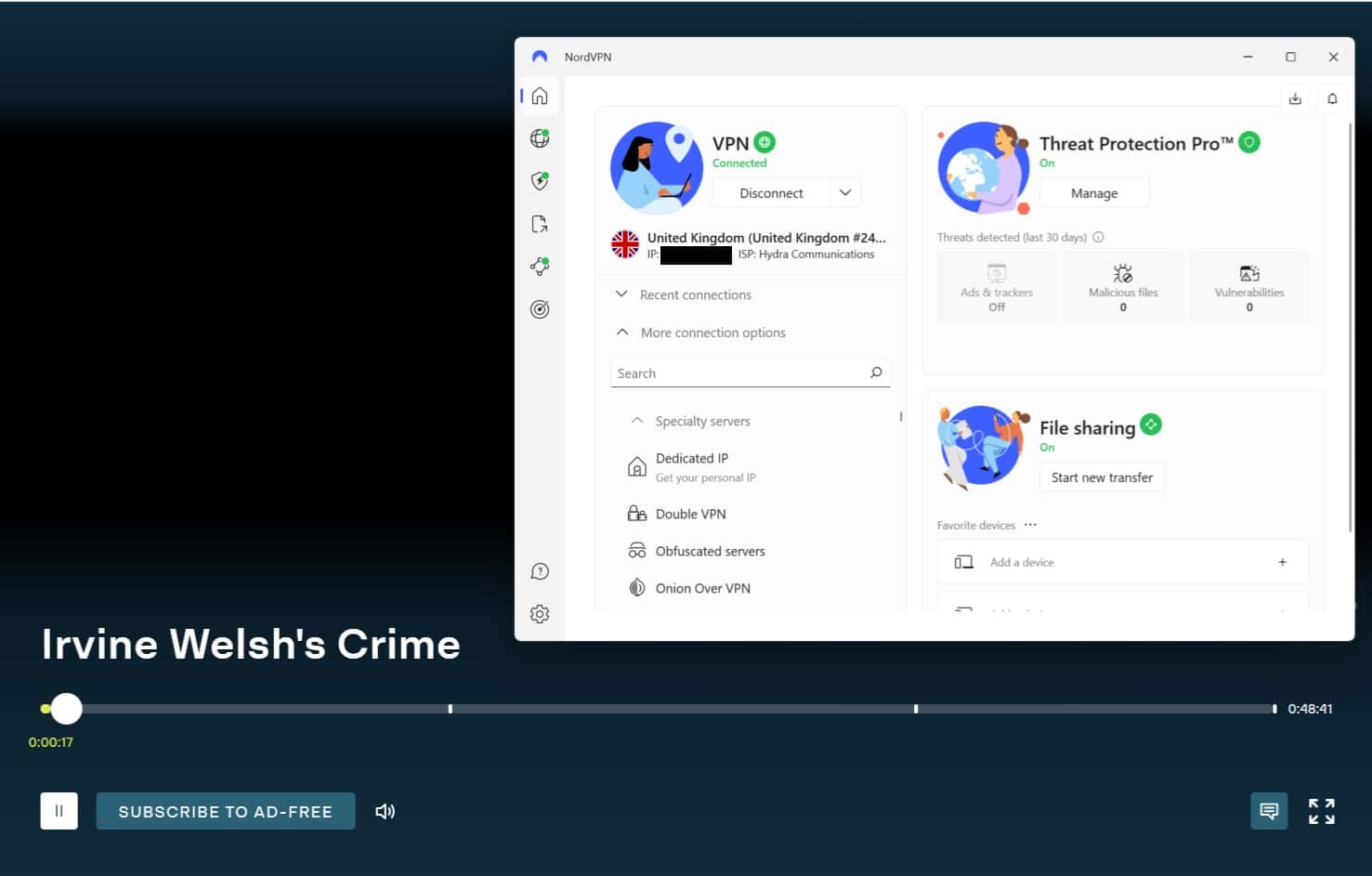 Screenshot van afspelen op ITVX met NordVPN verbonden