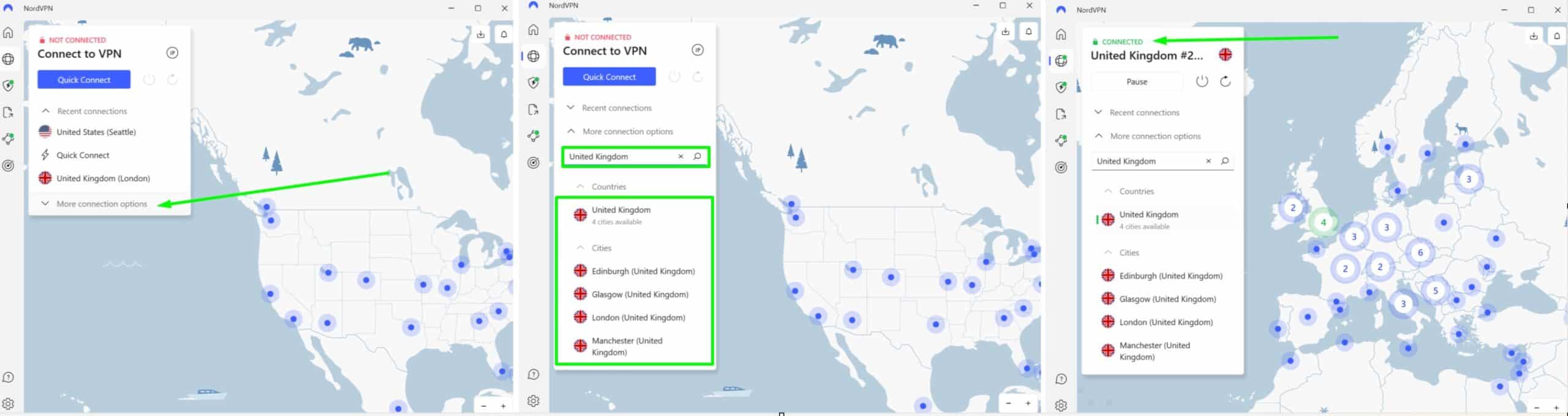Screenshot van de Britse serverlocaties van NordVPN