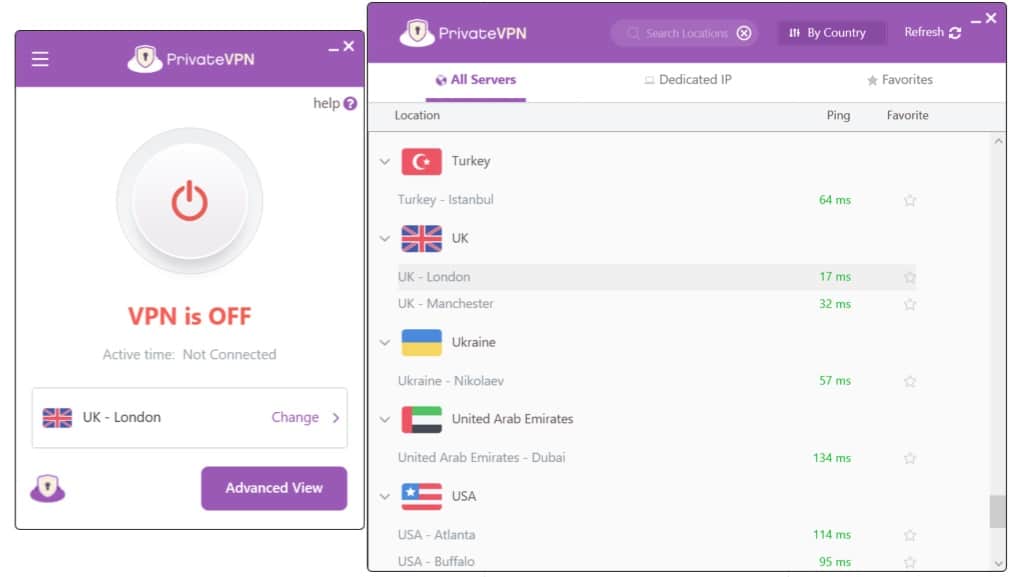 Schermafbeelding van de Britse servers van PrivateVPN