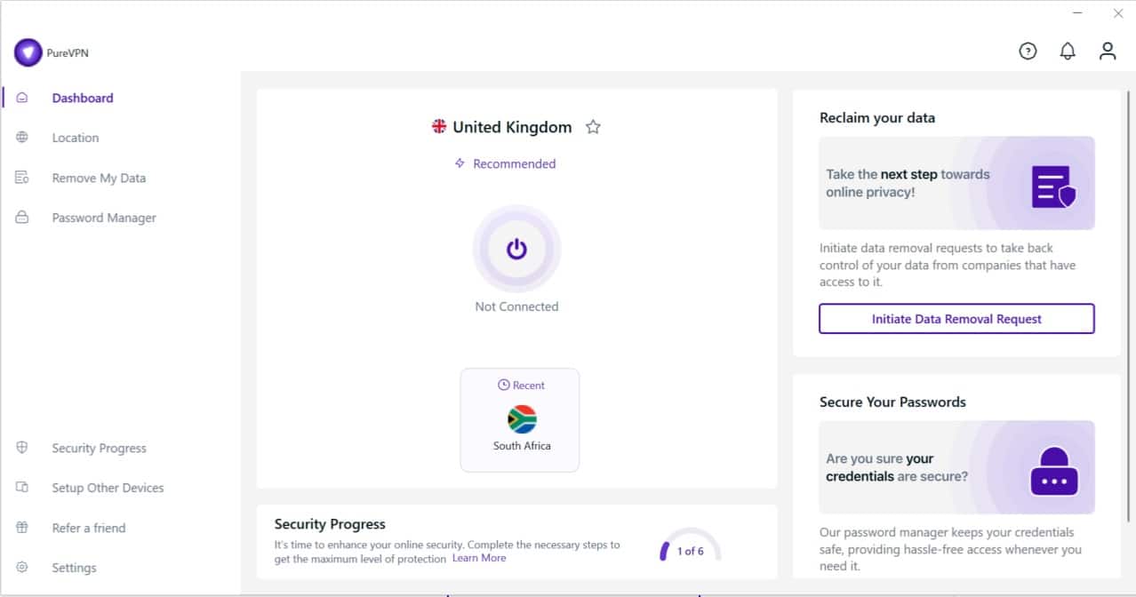 Screenshot van de Windows-app van PureVPN