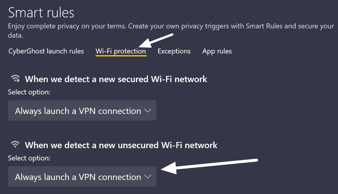 CyberGhost smart rules
