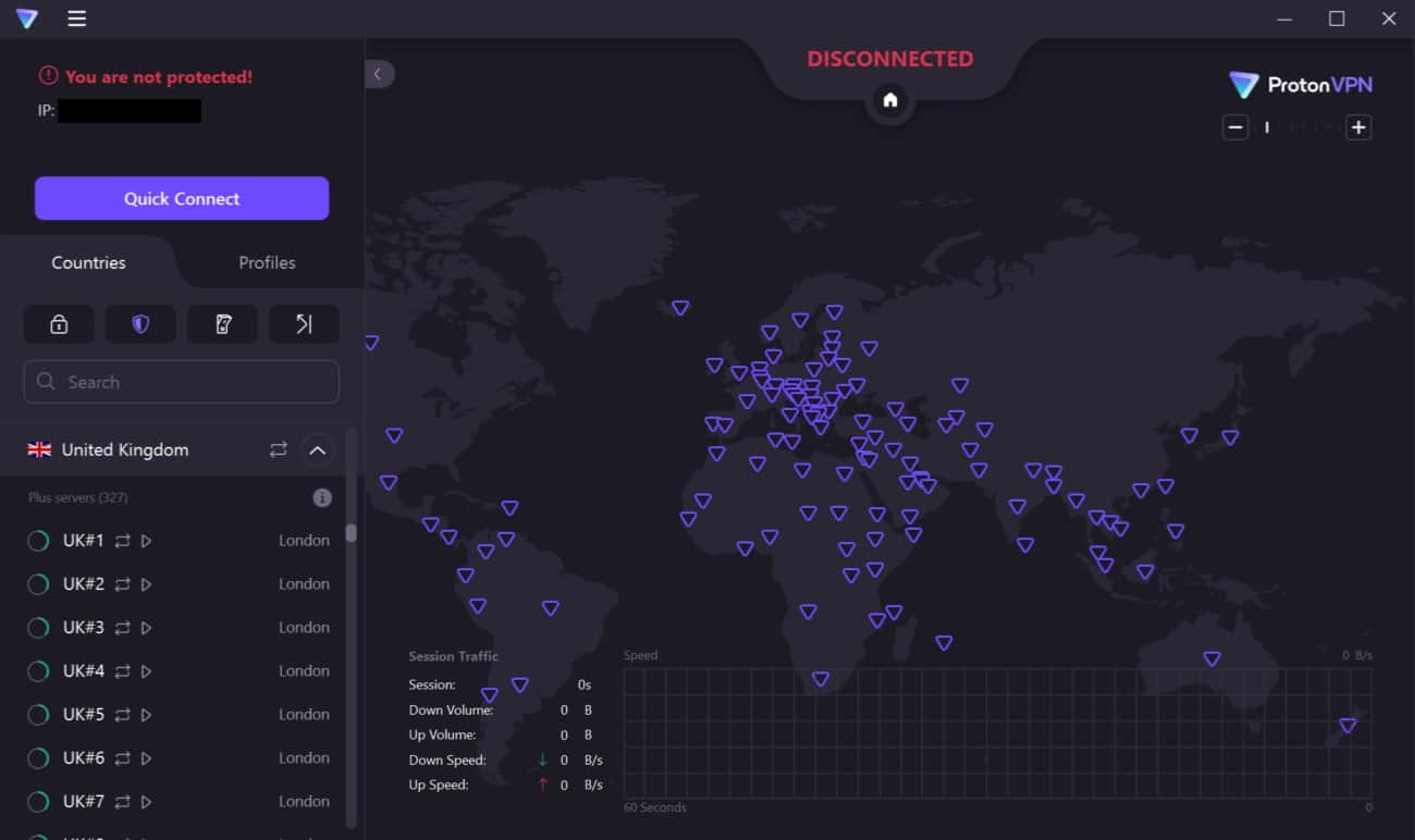 Schermafbeelding van de Londense servers van ProtonVPN