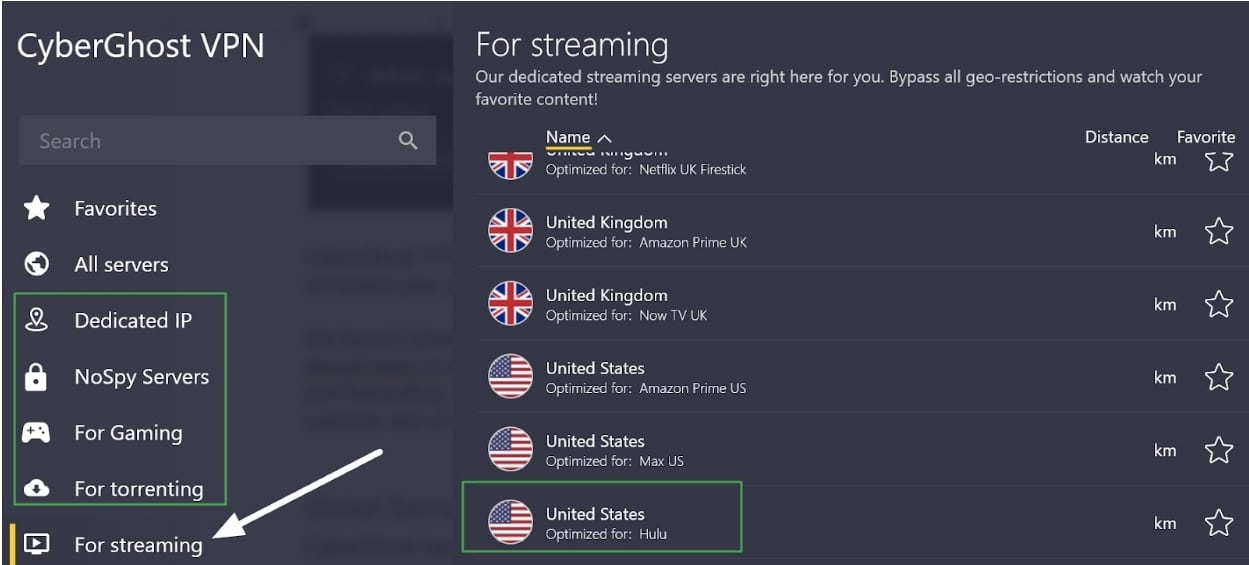 CyberGhost streaming servers