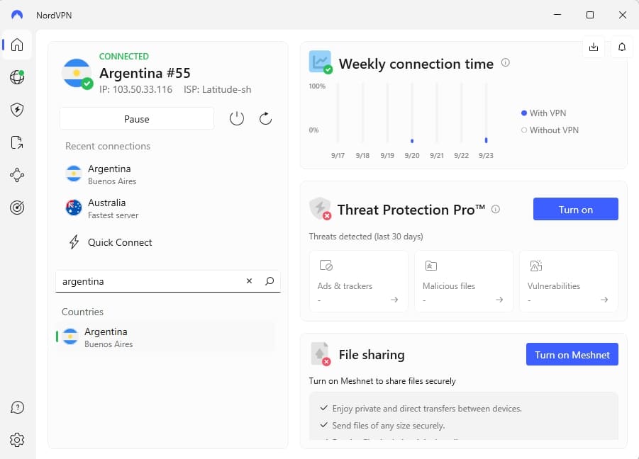 Schermata principale di NordVPN su Windows