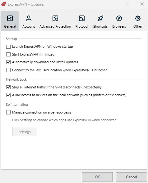 Allgemeine ExpressVPN-Optionen.