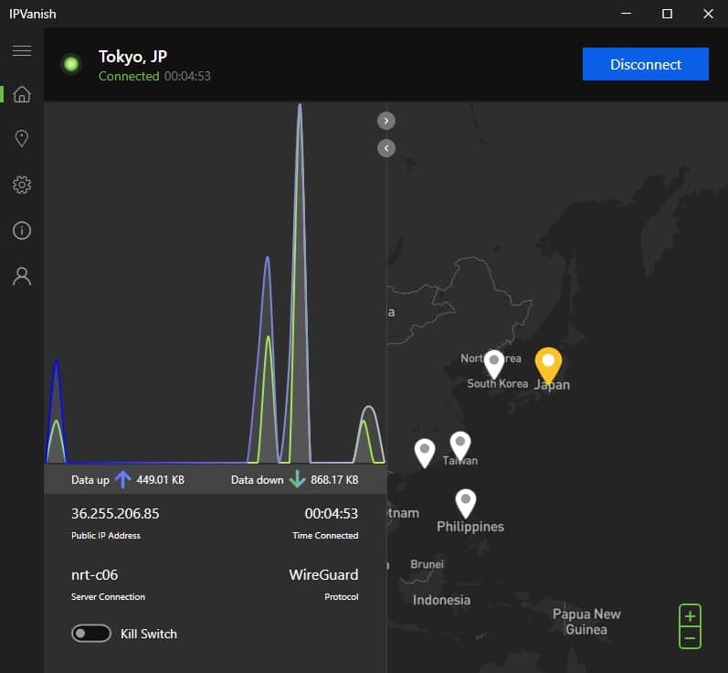 The IPVanish dashboard.