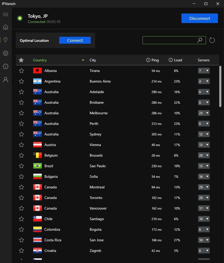 The IPVanish server list.