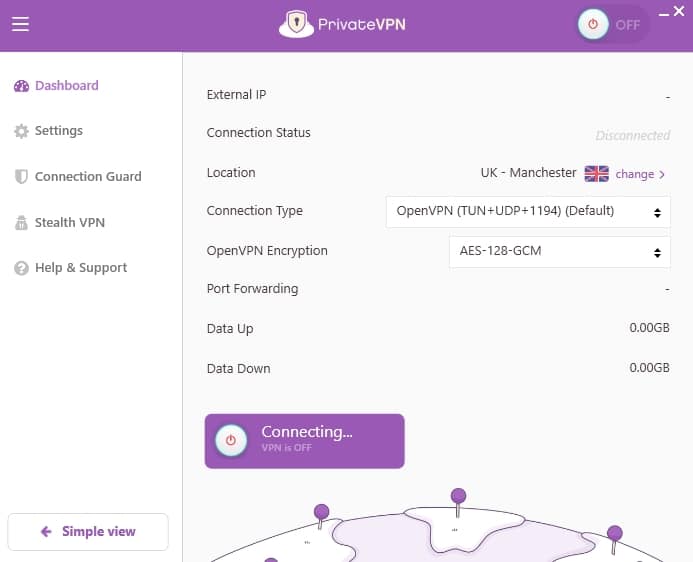 Il pannello principale di PrivateVPN su Windows