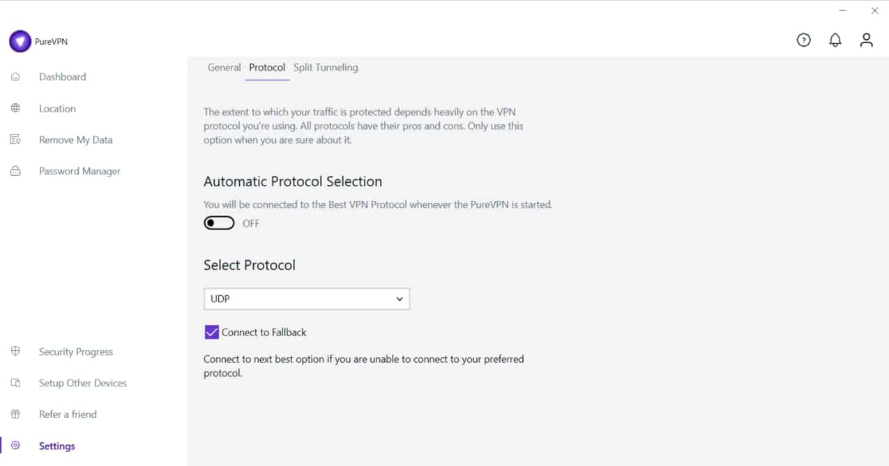 PureVPN protocol options.