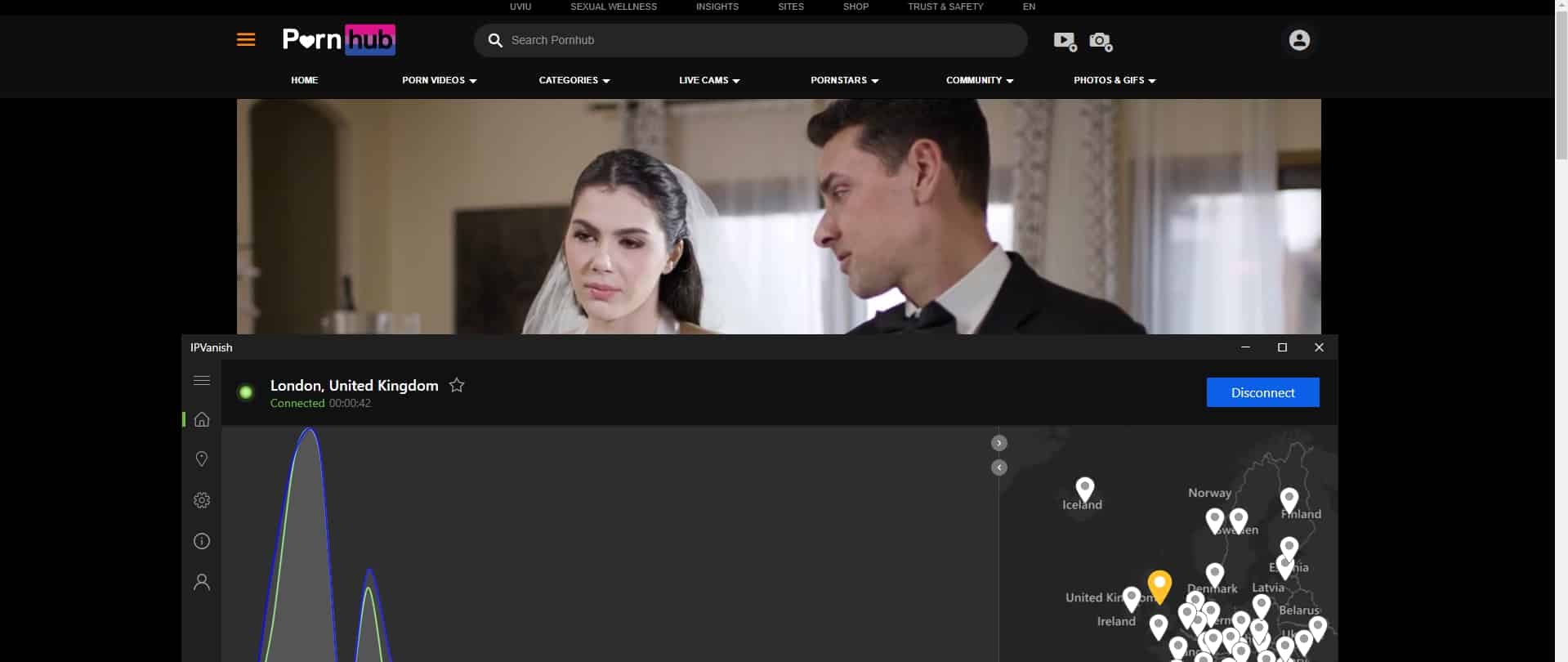 Streaming Pornhub with IPVanish active