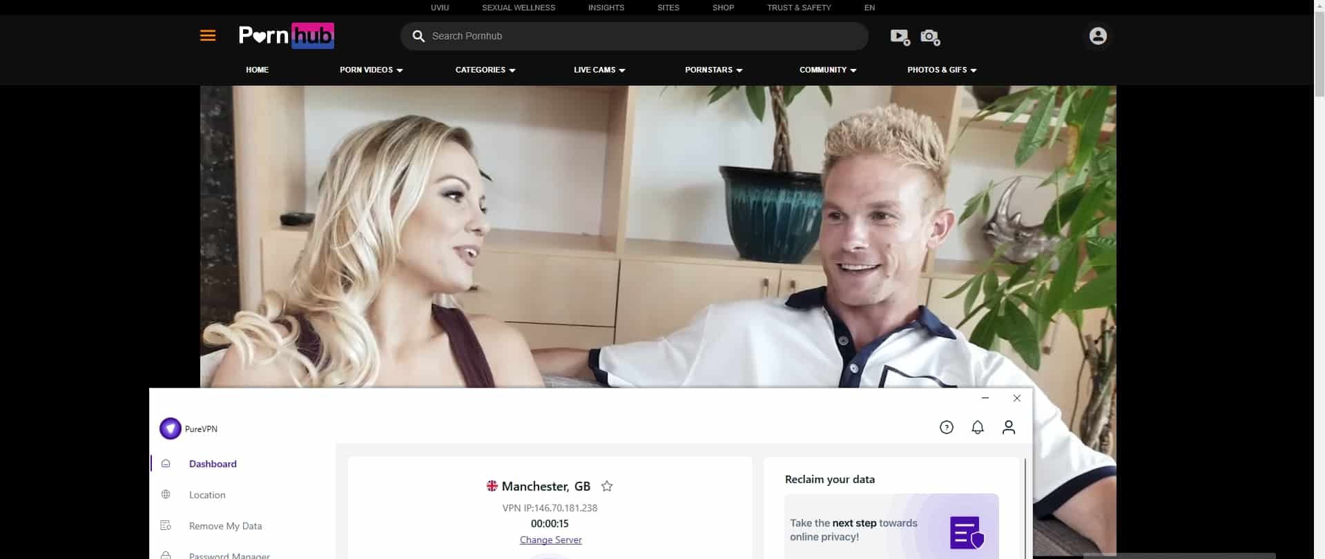 Streaming Pornhub con PureVPN attivo