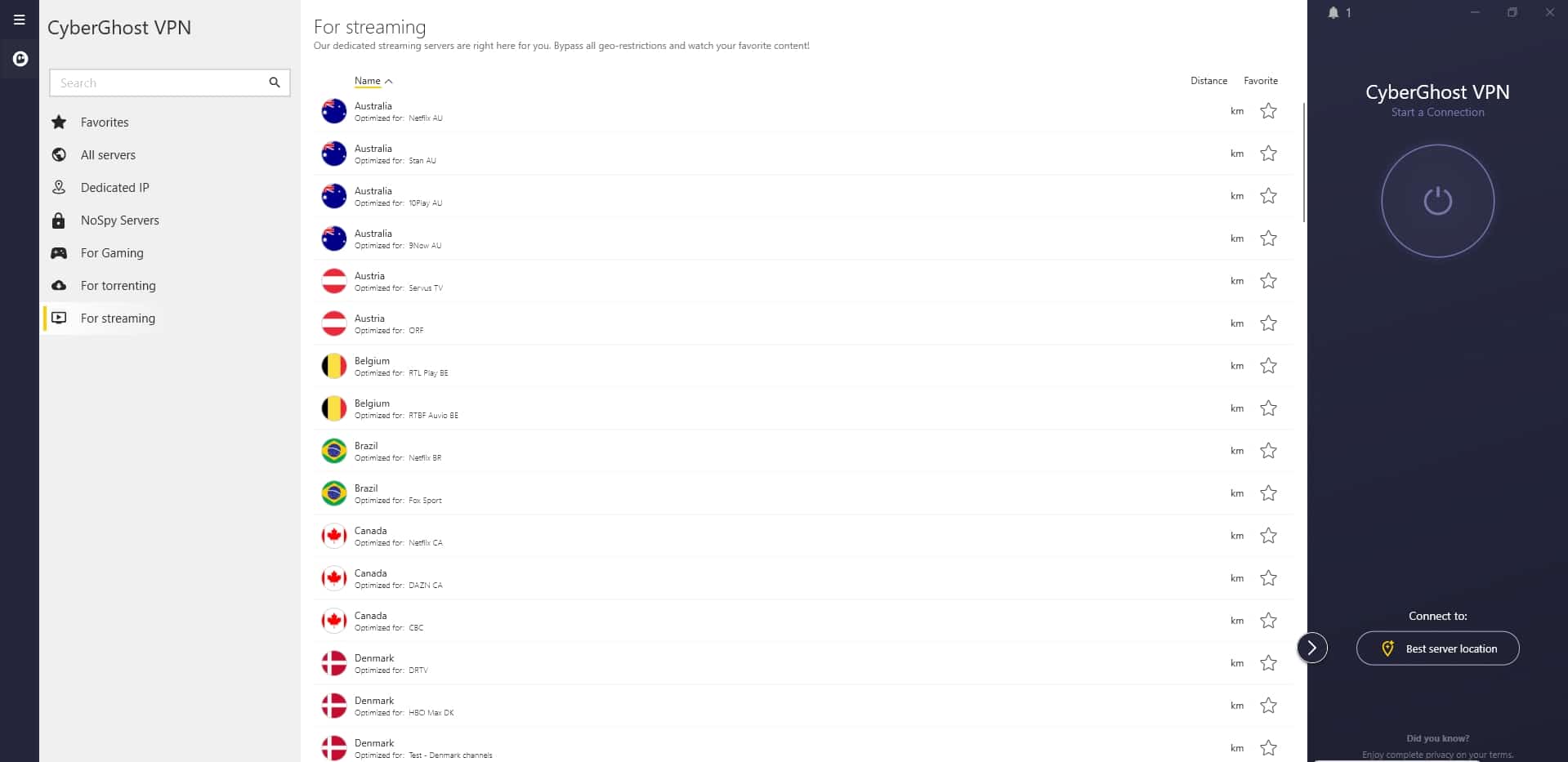 Pannello dei server di streaming di CyberGhost