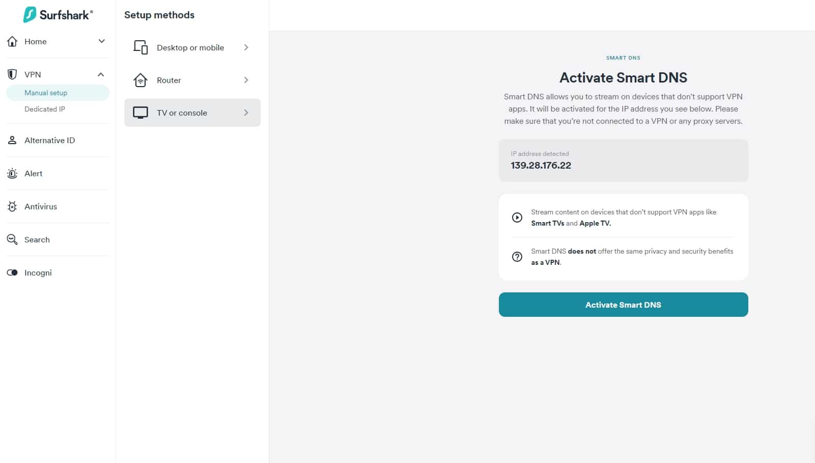 Screenshot of Surfshark's smart DNS settings