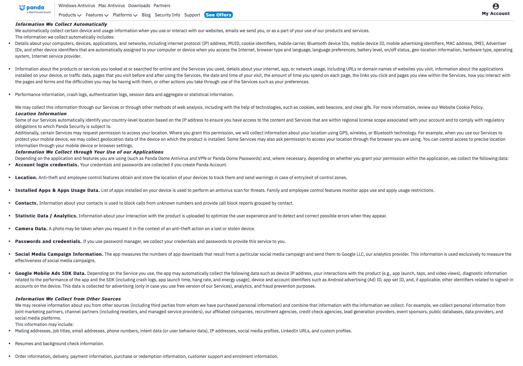 Panda antivirus - Privacy Policy