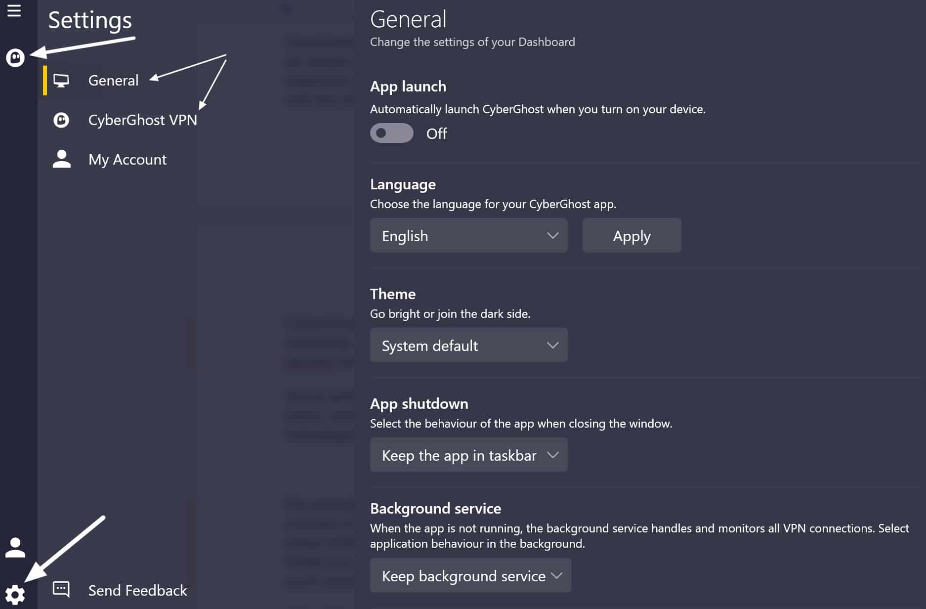 cyberghost settings menu