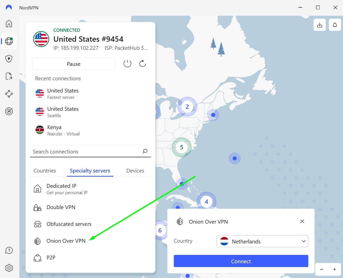 Screenshot showing NordVPN's Tor servers
