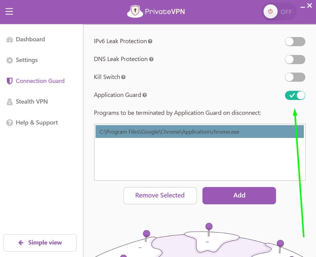Screenshot showing PrivateVPN's application guard settings