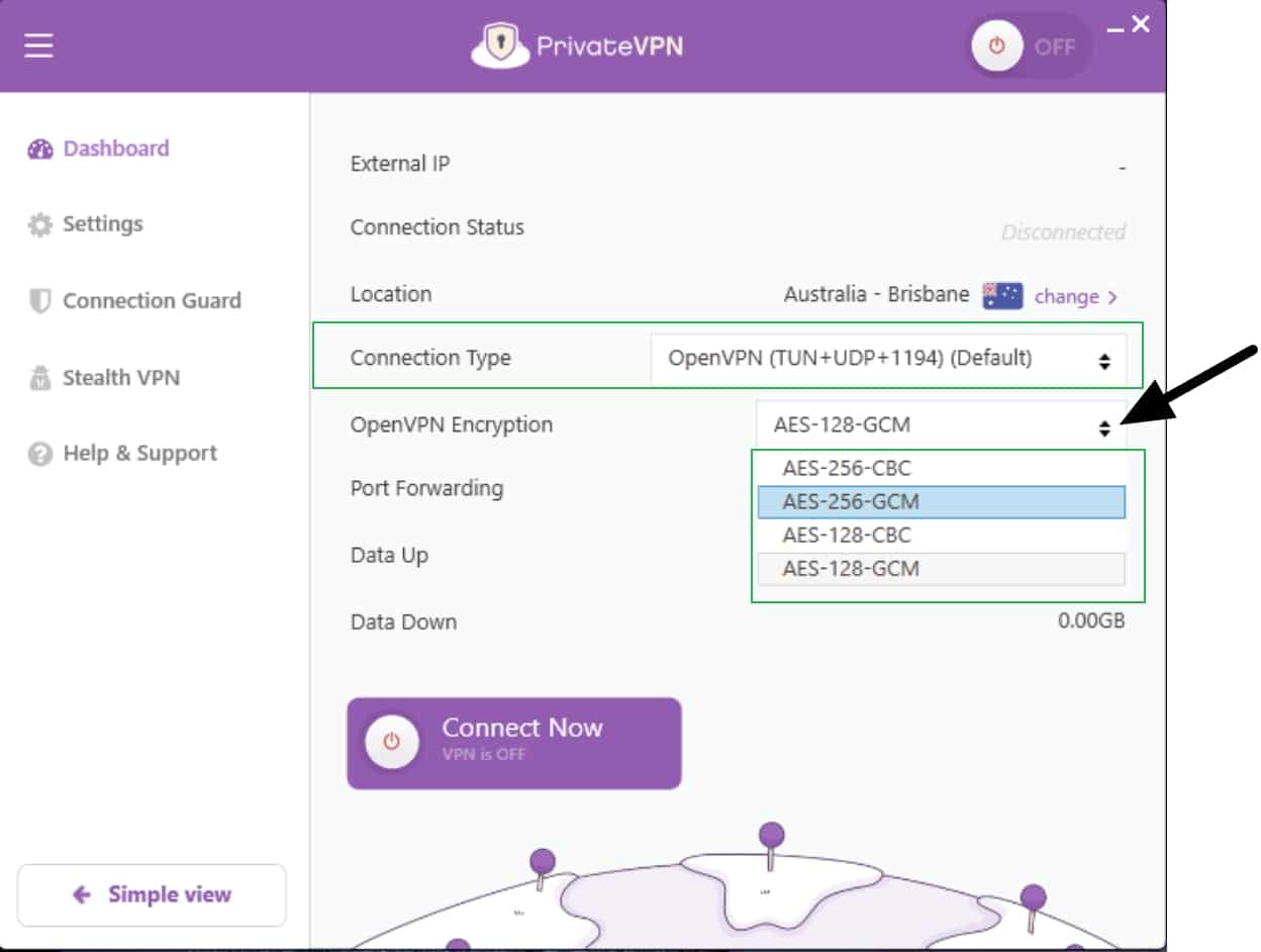 privatevpn encryption settings