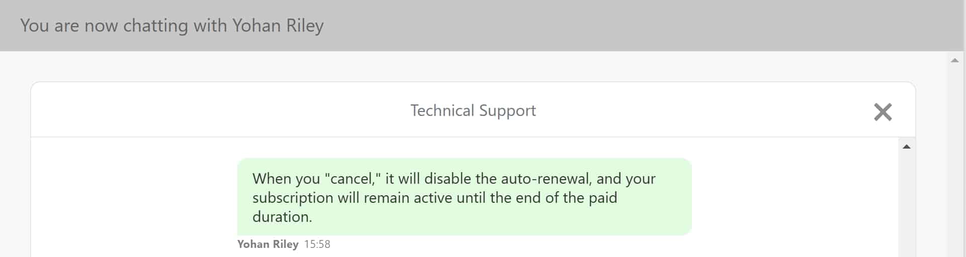 live chat auto-renewal cancel comment