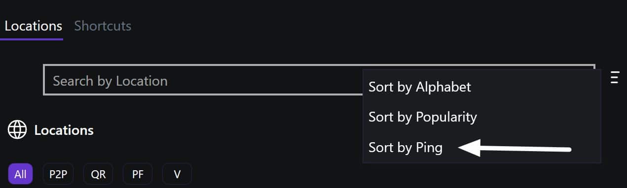 PureVPN sort by ping
