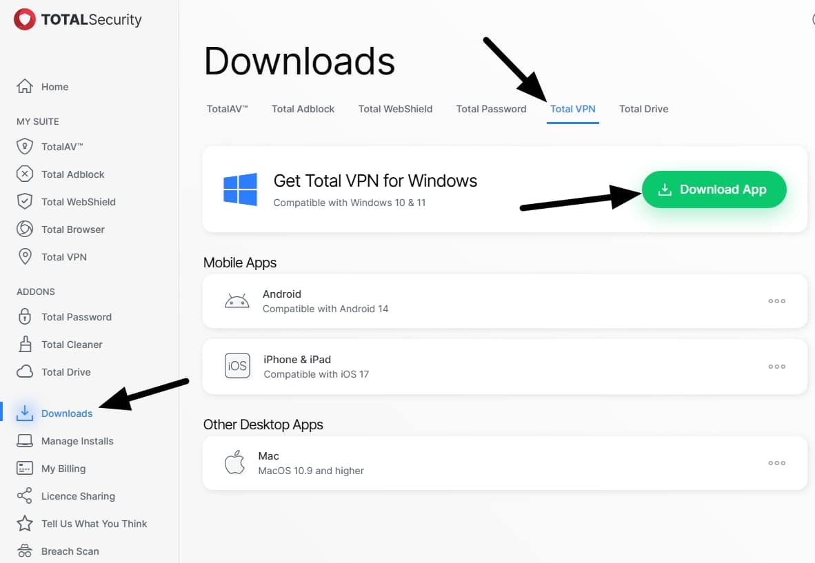 total vpn install standalone app