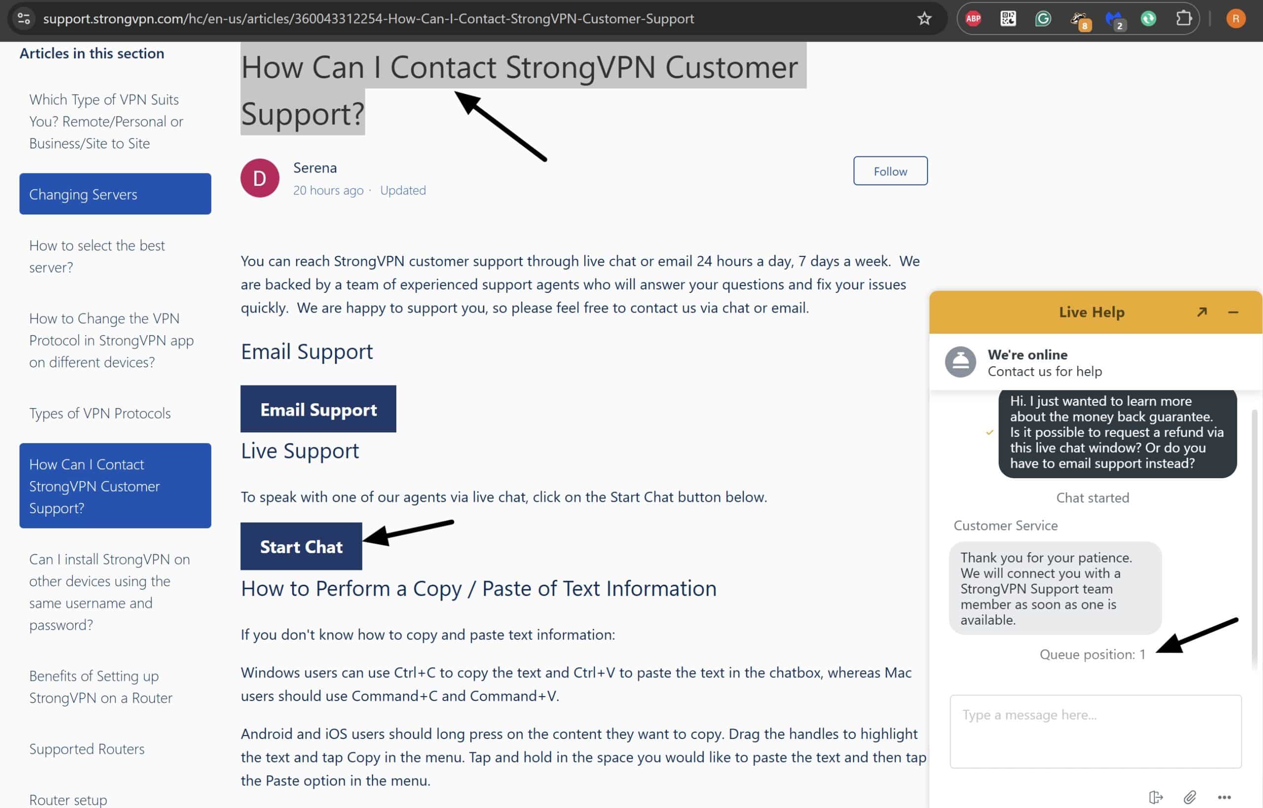 strongvpn live chat access via blog