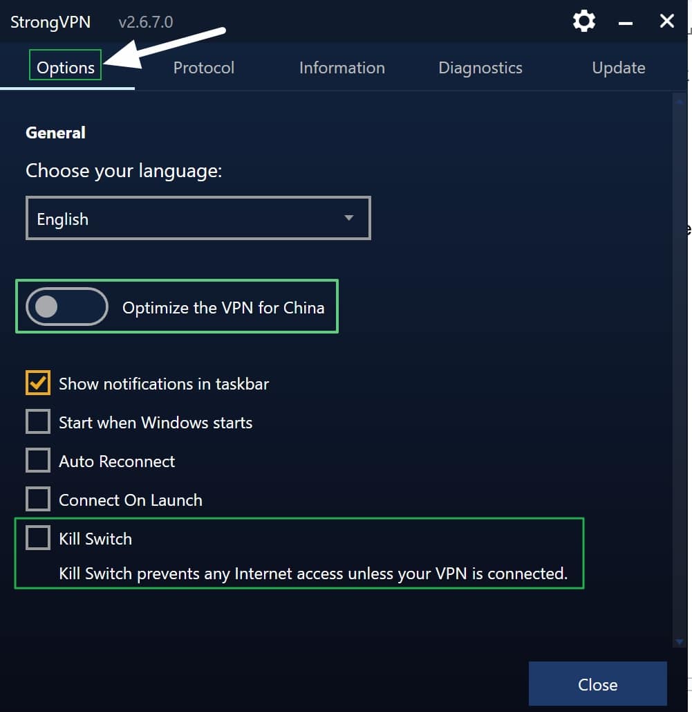 strongvpn options menu
