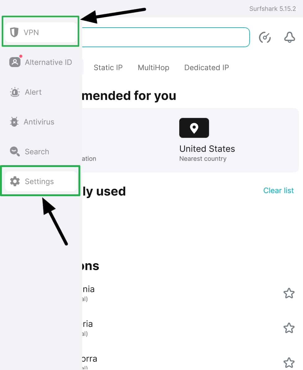 surfshark vpn and settings tabs