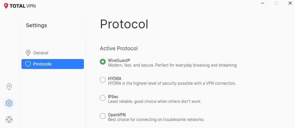 Total VPN's protocol options.
