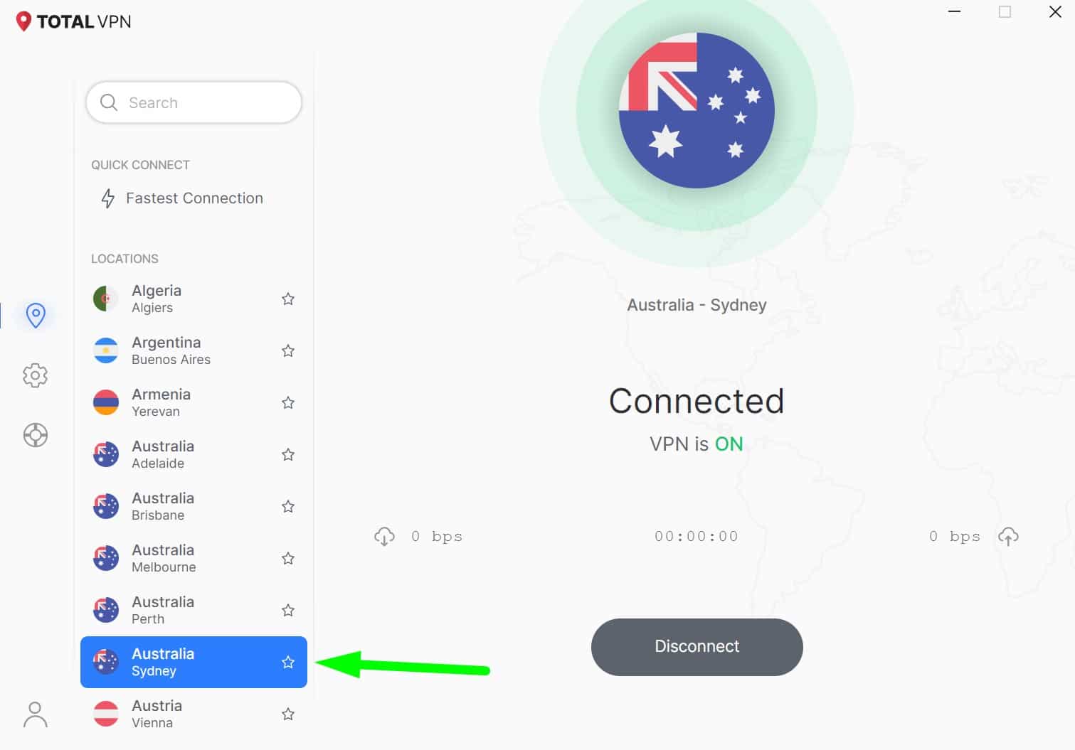 Screenshot showingTotal VPN's Australian servers