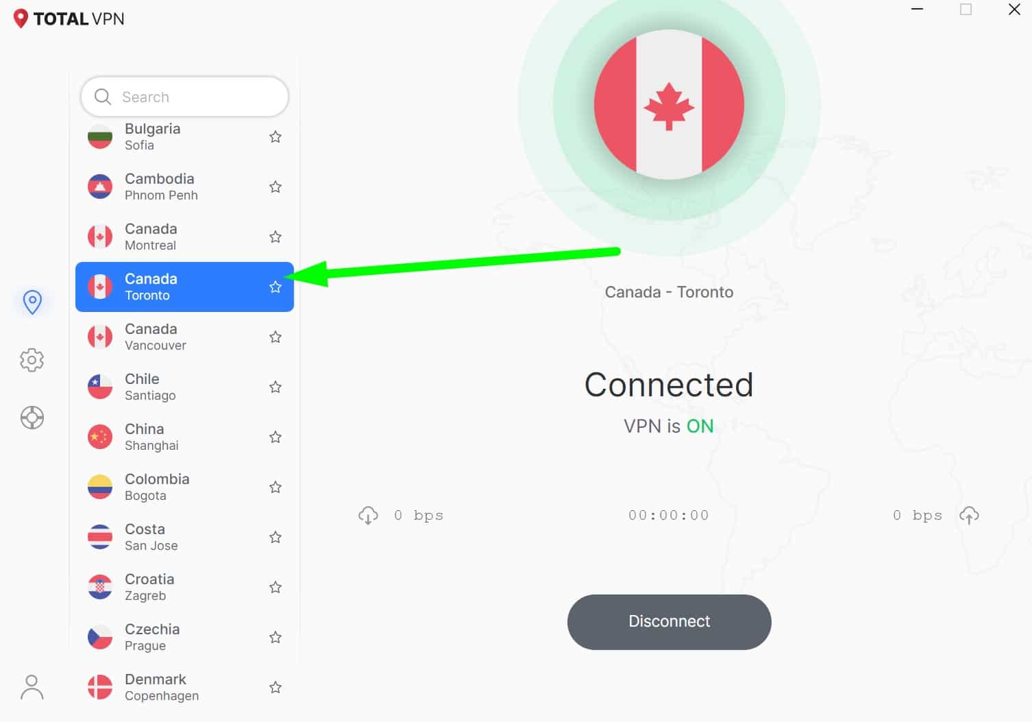 Screenshot showing Total VPN's Canada servers