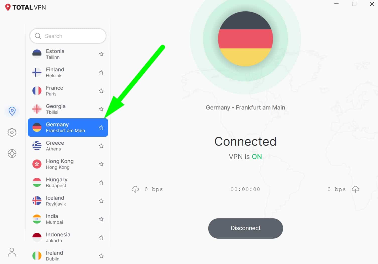 Screenshot showing Total VPN's Germany servers