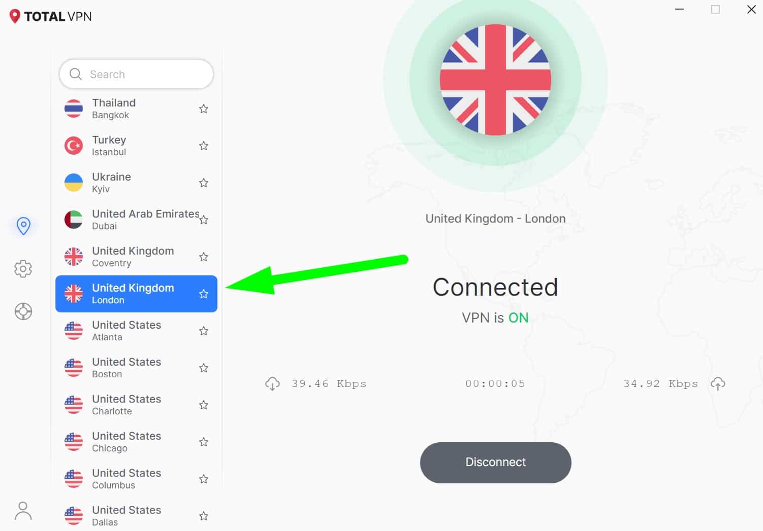 Screenshot showing Total VPN's UK servers