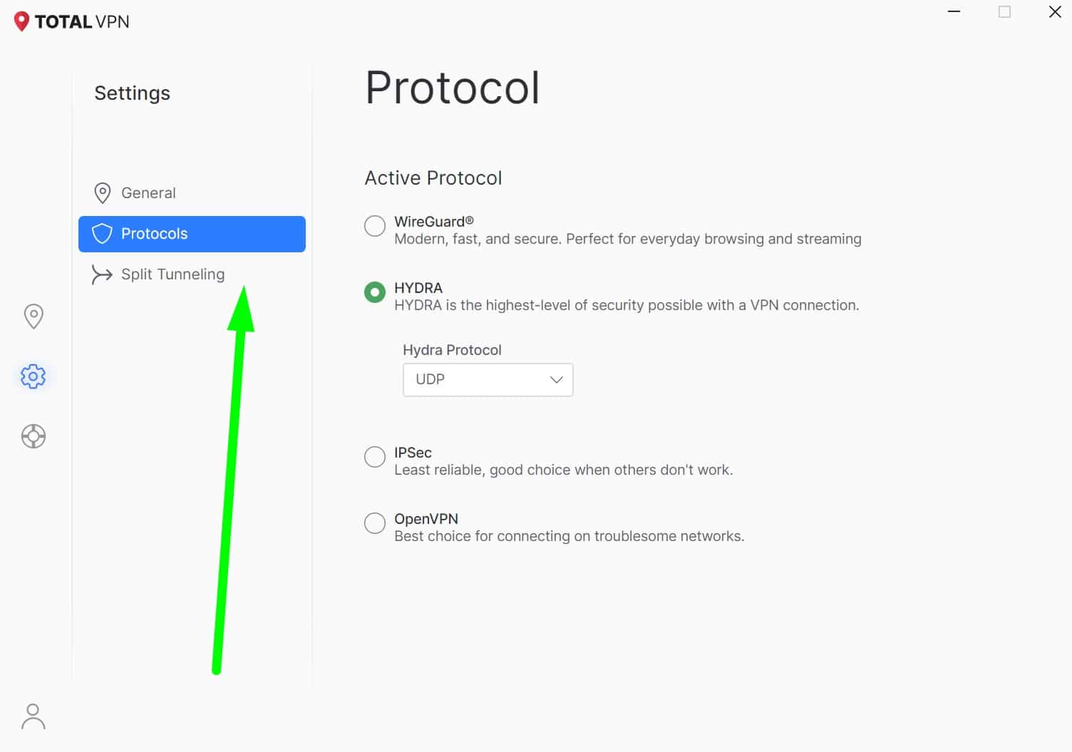Screenshot showing Total VPN's settings menu