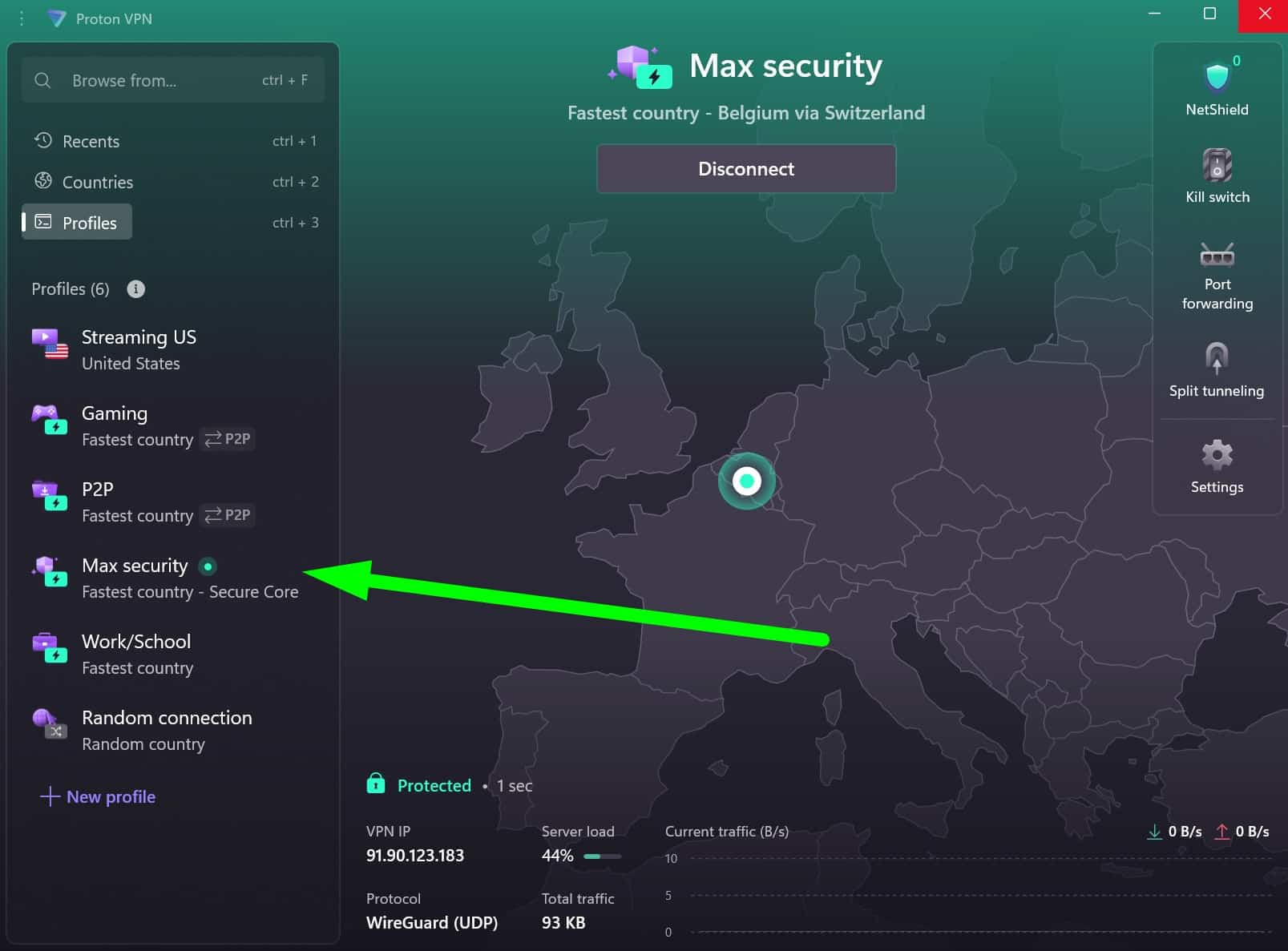Screenshot showing ProtonVPN's max security servers