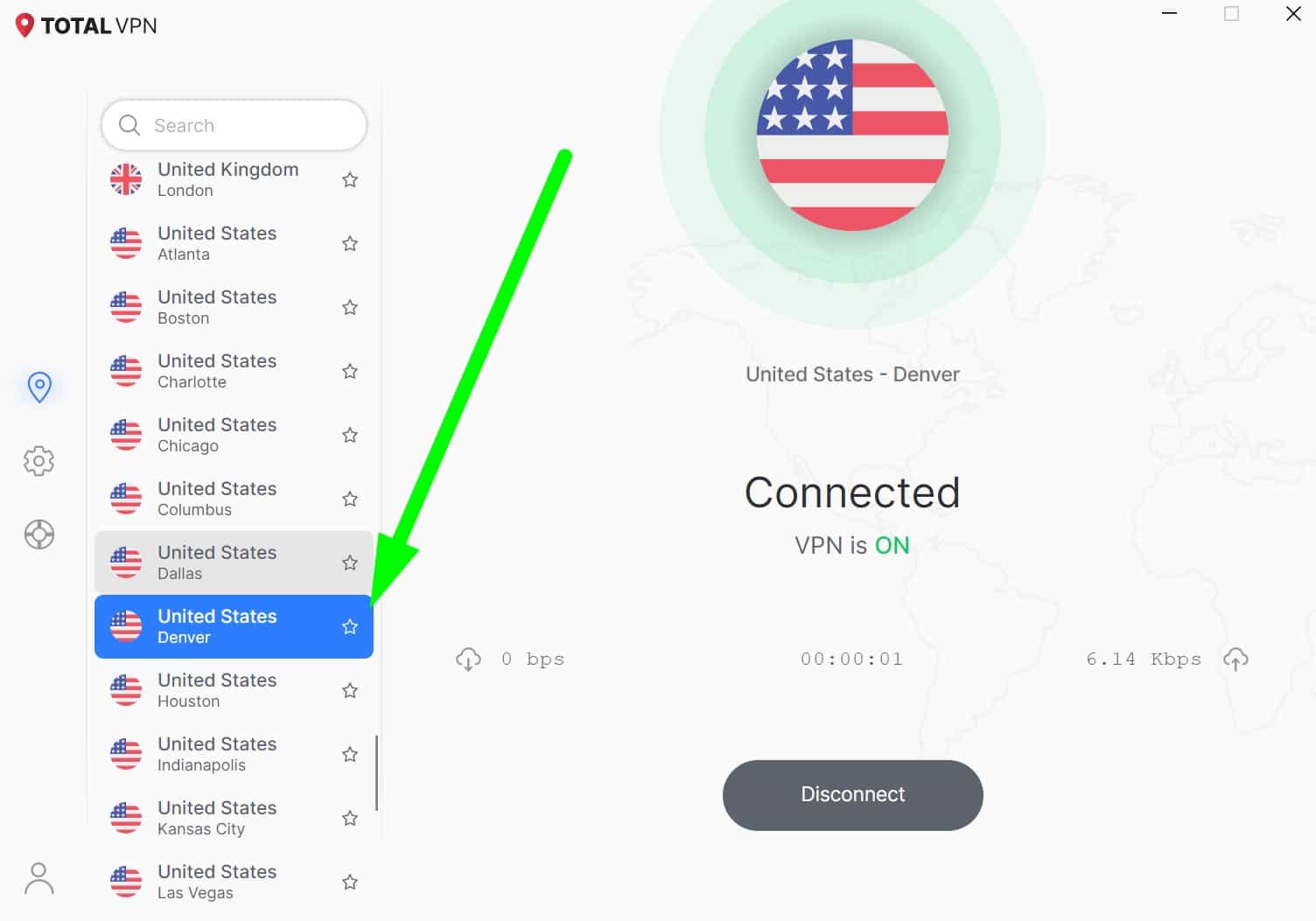 Screenshot showing Total VPN's US server locations