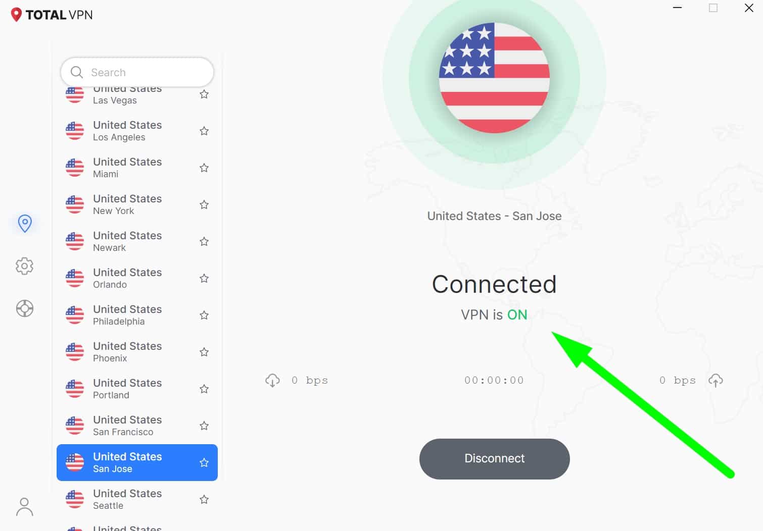 Screenshot showing Total VPN's main screen