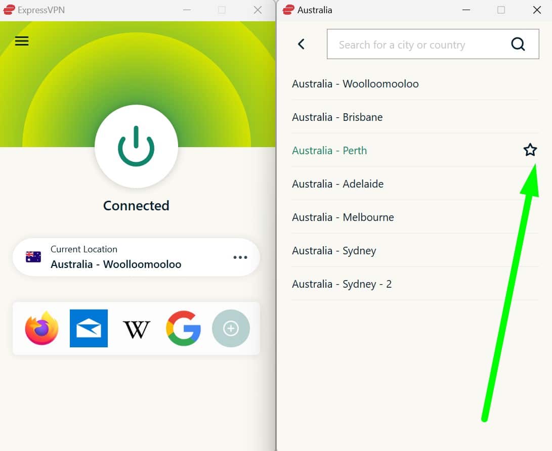 Screenshot showing ExpressVPN's Australia servers