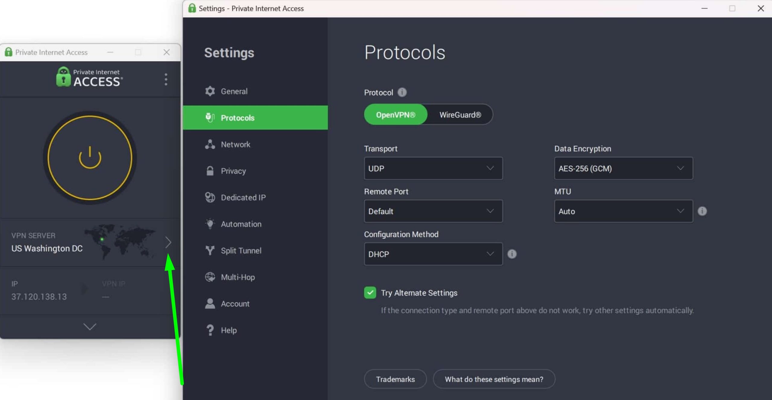 Screenshot showing PIA Windows app