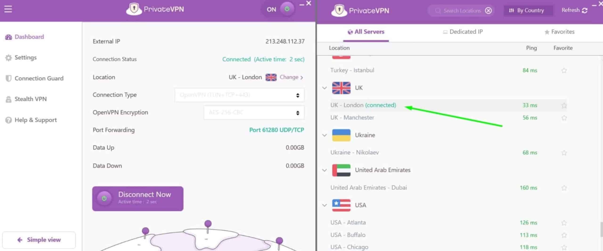 Screenshot showing PrivateVPN's British servers