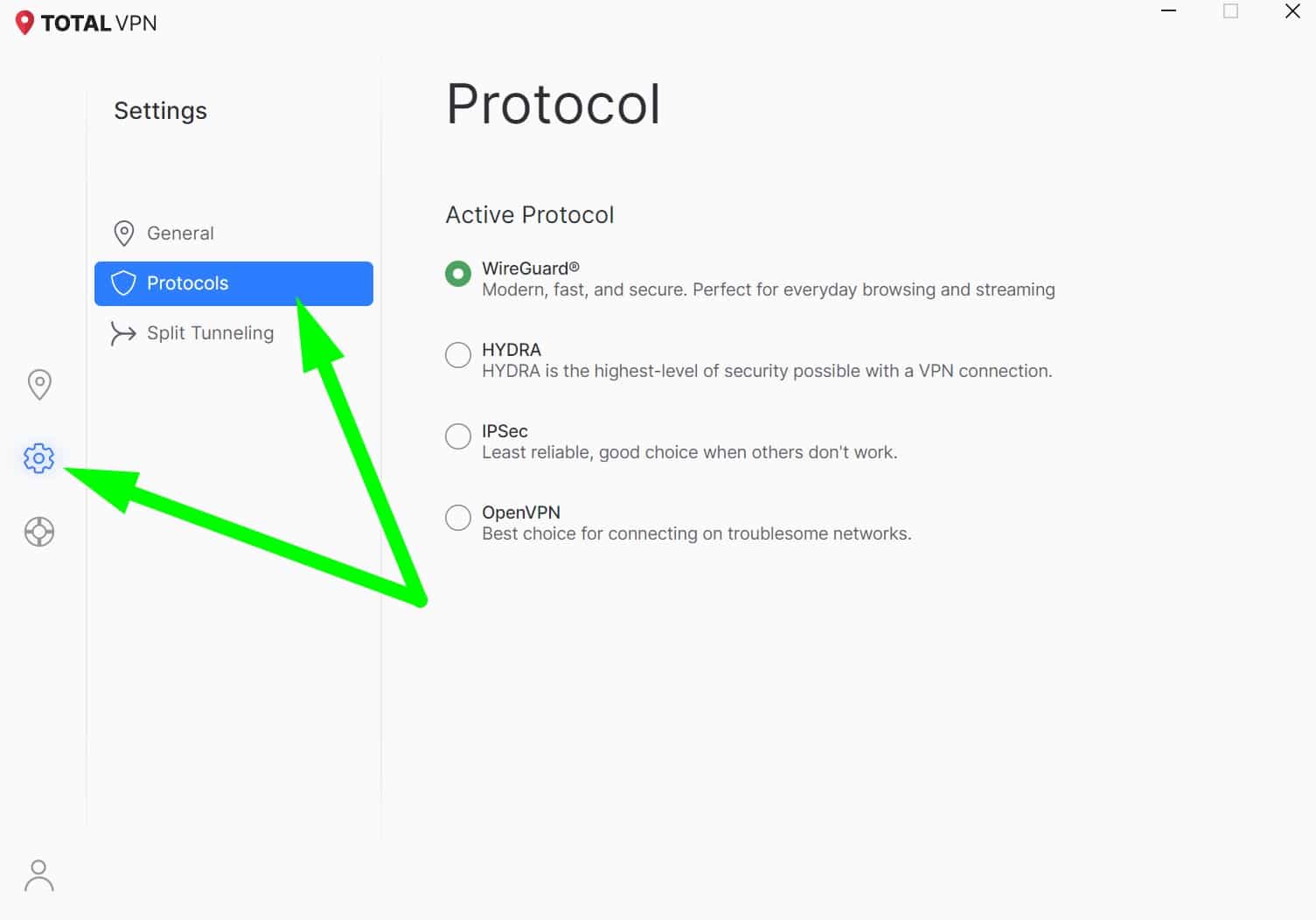 Screenshot showing Total VPN's protocol menu