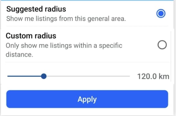 suggested radius facebook listings