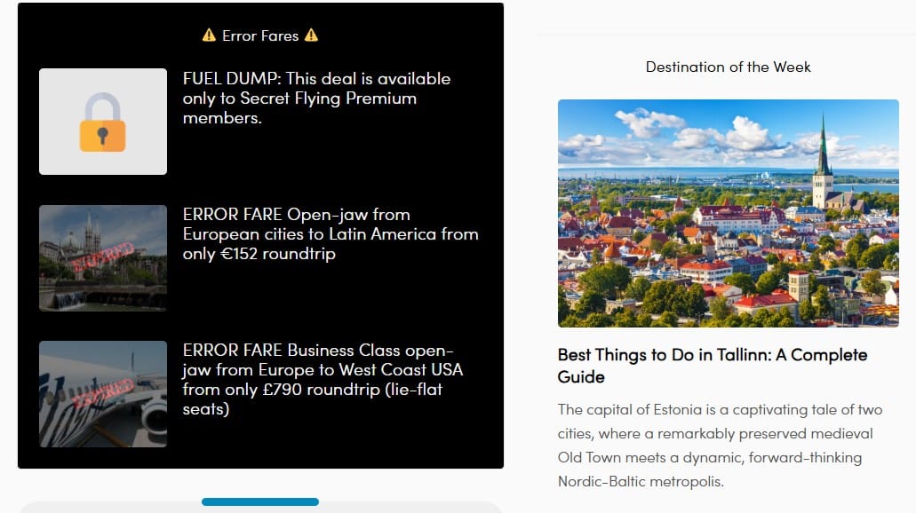 a screenshot of expired error fares on the Secret Flying page, showing locations people could have connected to with a VPN to get cheaper flights