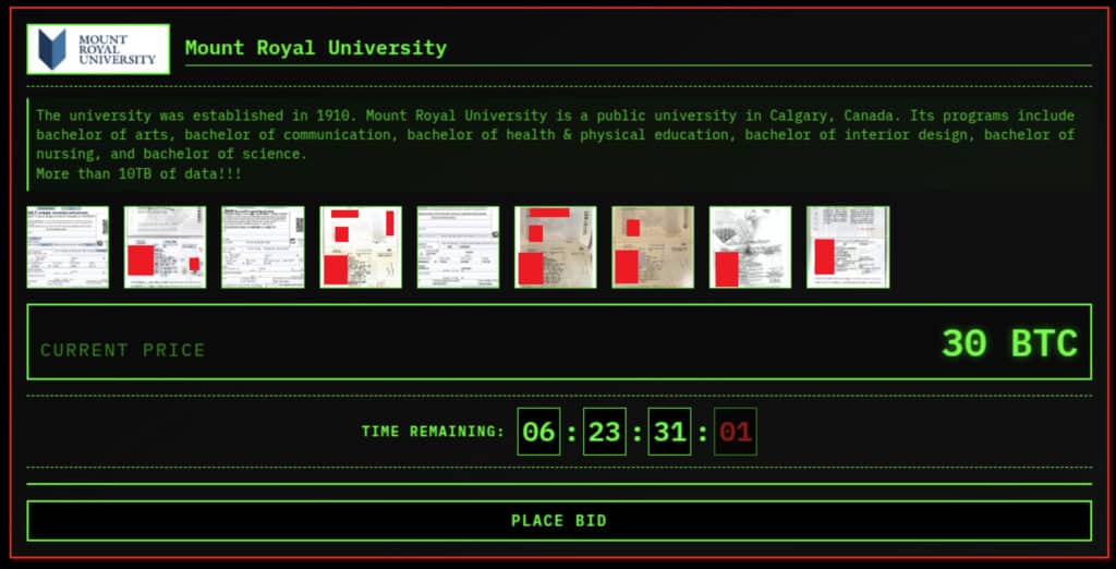 CMD Organization lists Mount Royal University on its data leak site.
